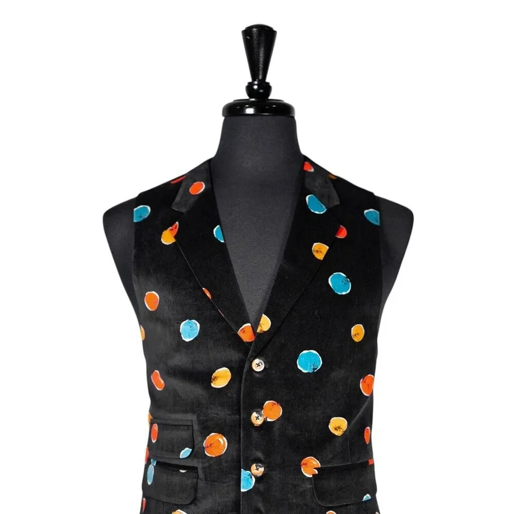 Mens Velvet Vest 42R Black Orange Blue Polka Dot Waistcoat Formal Wedding Party